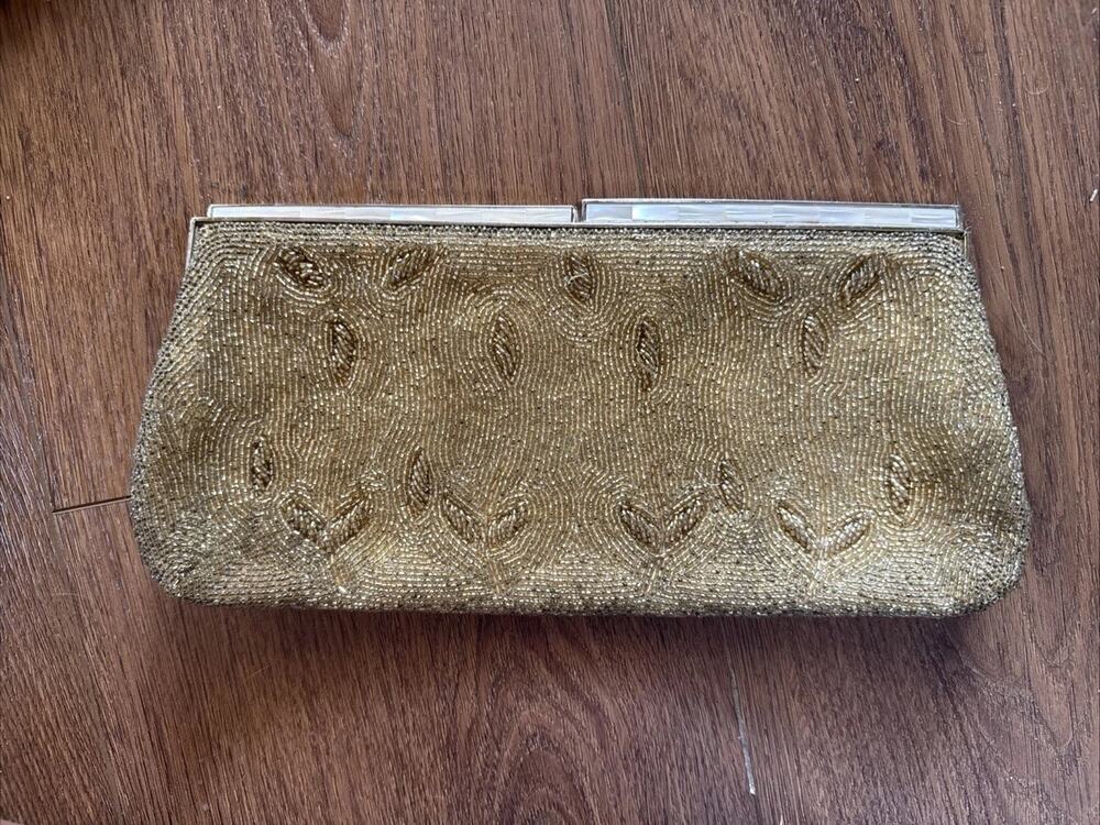 ⁠Vintage Bags by Debbie Beaded Clutch Mother of Pearl Frame Japan Evening Purse⁠